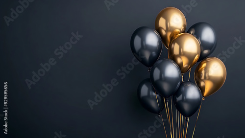 Black and gold balloons on black background.