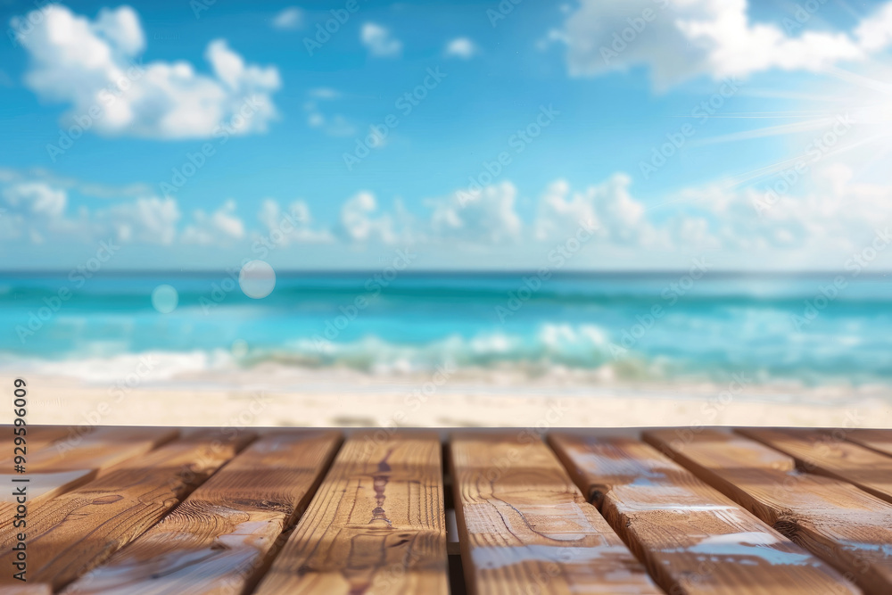 Fototapeta premium Wooden Tabletop Overlooking Sea Beach and Blue Sky, Sunny Day with Fluffy White Clouds for Product Presentation