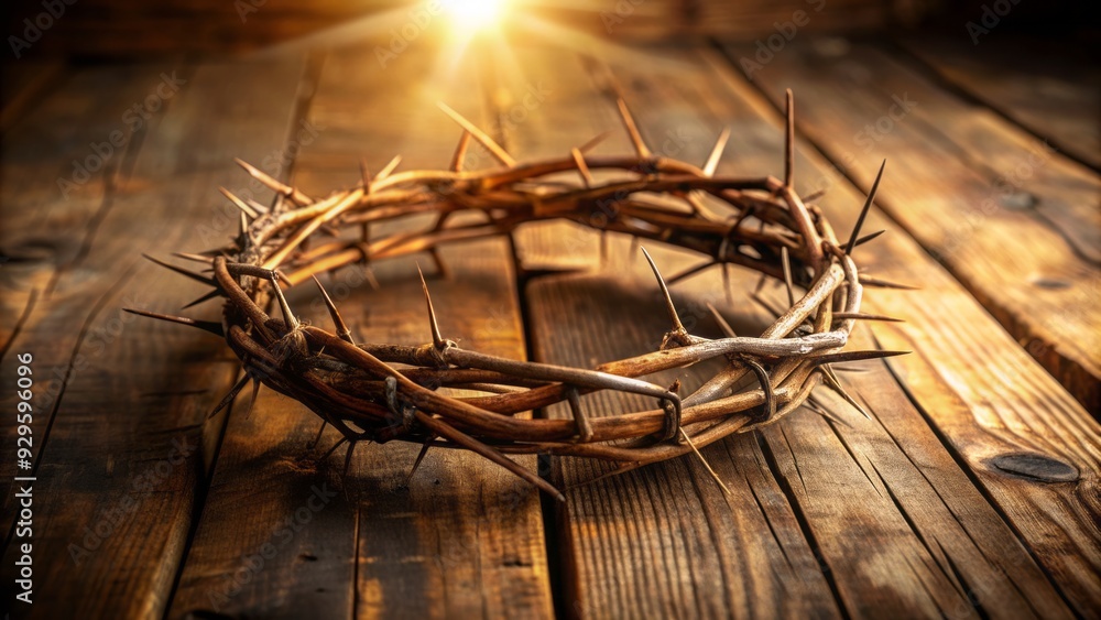 Weathered wooden table holds rustic crown of thorns, intricately woven from twisted vines, symbolizing Jesus Christ's sacrifice, surrounded by subtle warm lighting and soft shadows. Weathered wooden table holds rustic crown of thorns, intricately woven from twisted vines, symbolizing Jesus Christ's sacrifice, surrounded by subtle warm lighting and soft shadows.