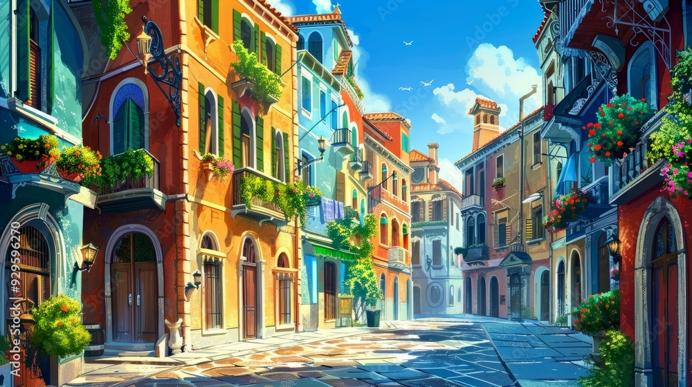 Naklejka premium A Colorful Italian Alleyway with Flower Pots and Balconies