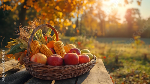 Thanksgiving and Harvest. Harvest photo: basket of pumpkins, apples and corn on a long wooden table, in the background of autumn forest.