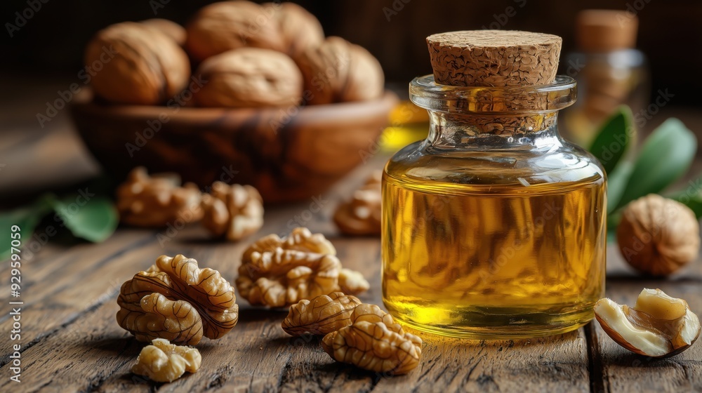 Oil in a glass bottle with a cork as a stopper surrrounded by walnuts Oil in a glass bottle with a cork as a stopper surrrounded by walnuts