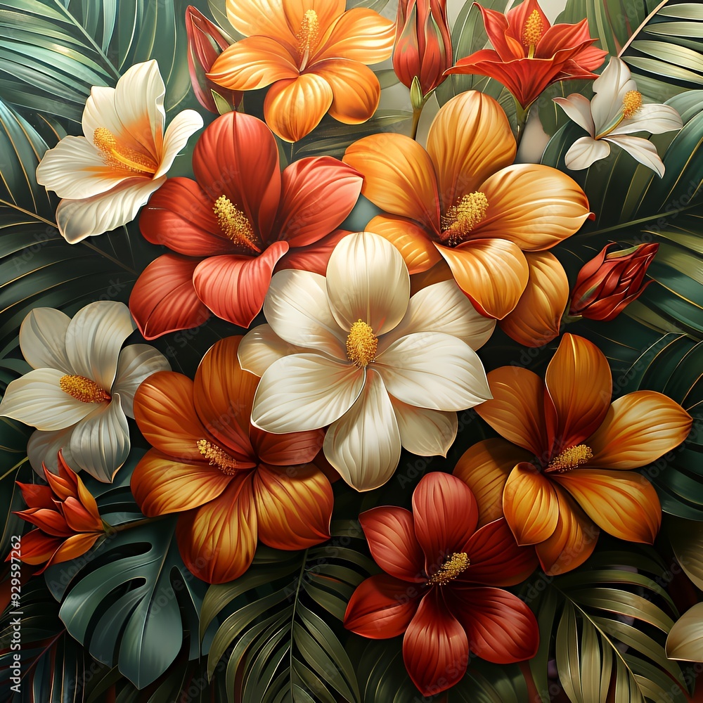 custom made wallpaper toronto digitalA vibrant arrangement of tropical flowers surrounded by lush green leaves.