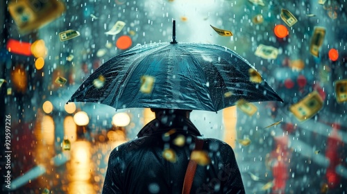 Wallpaper Mural Person Walking in the Rain with an Umbrella as Money Falls from the Sky Torontodigital.ca