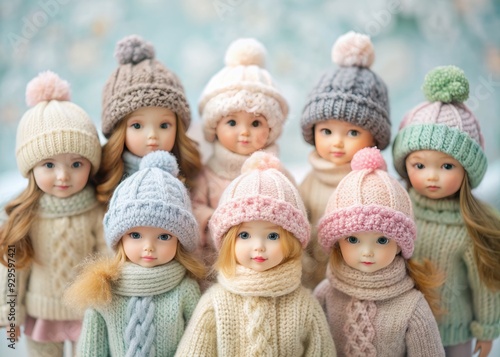 Cozy pastel-hued winter outfits and soft wool hats adorn miniature mannequins, showcasing adorable fall fashion for kids in a heartwarming seasonal display. photo