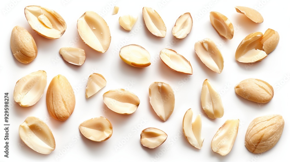 Scattered whole and half almonds on a white background Scattered whole and half almonds on a white background