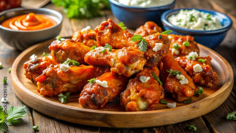Fototapeta premium SpicyBuffaloChickenWingsHotSauceBlueCheeseTangyBoldRedBlackGrittyTexture