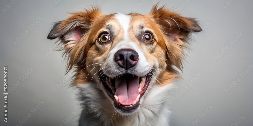 Fototapeta premium Adorable canine with open mouth and surprised expression, showcasing sharp teeth and tongue, set against a clean studio backdrop, exuding innocence and playfulness.