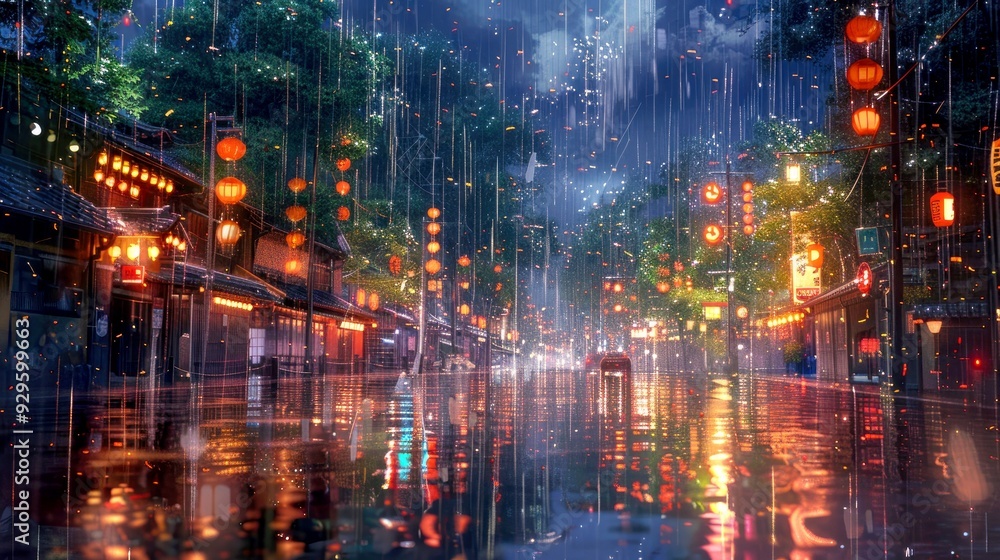 Rainy Night Street Scene with Red Lanterns and Reflections Rainy Night Street Scene with Red Lanterns and Reflections