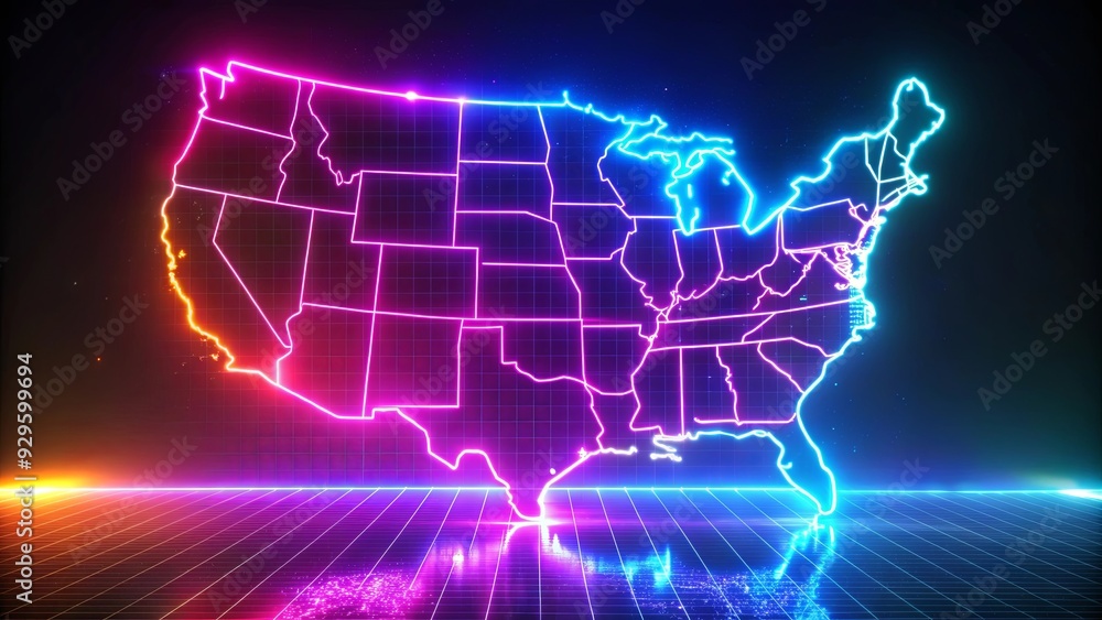 Vibrant neon-infused digital depiction of the United States Vibrant neon-infused digital depiction of the United States