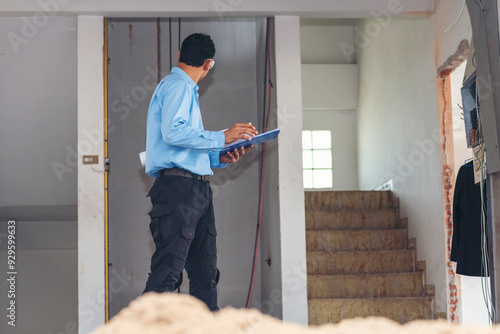 Man construction engineer writing note wear blue shirt safety white hard hat at construction site. Industry labour male worker. Architecture man drawing engineer civil constrcution real estate photo