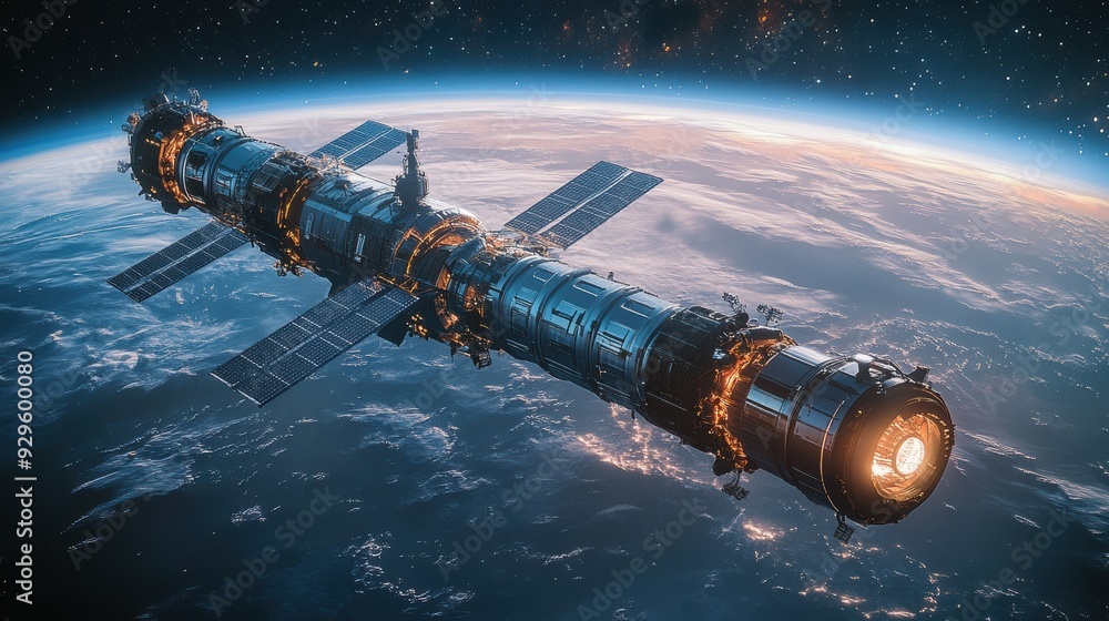 A futuristic space station orbiting Earth, with solar panel arrays extending from its cylindrical habitats A futuristic space station orbiting Earth, with solar panel arrays extending from its cylindrical habitats