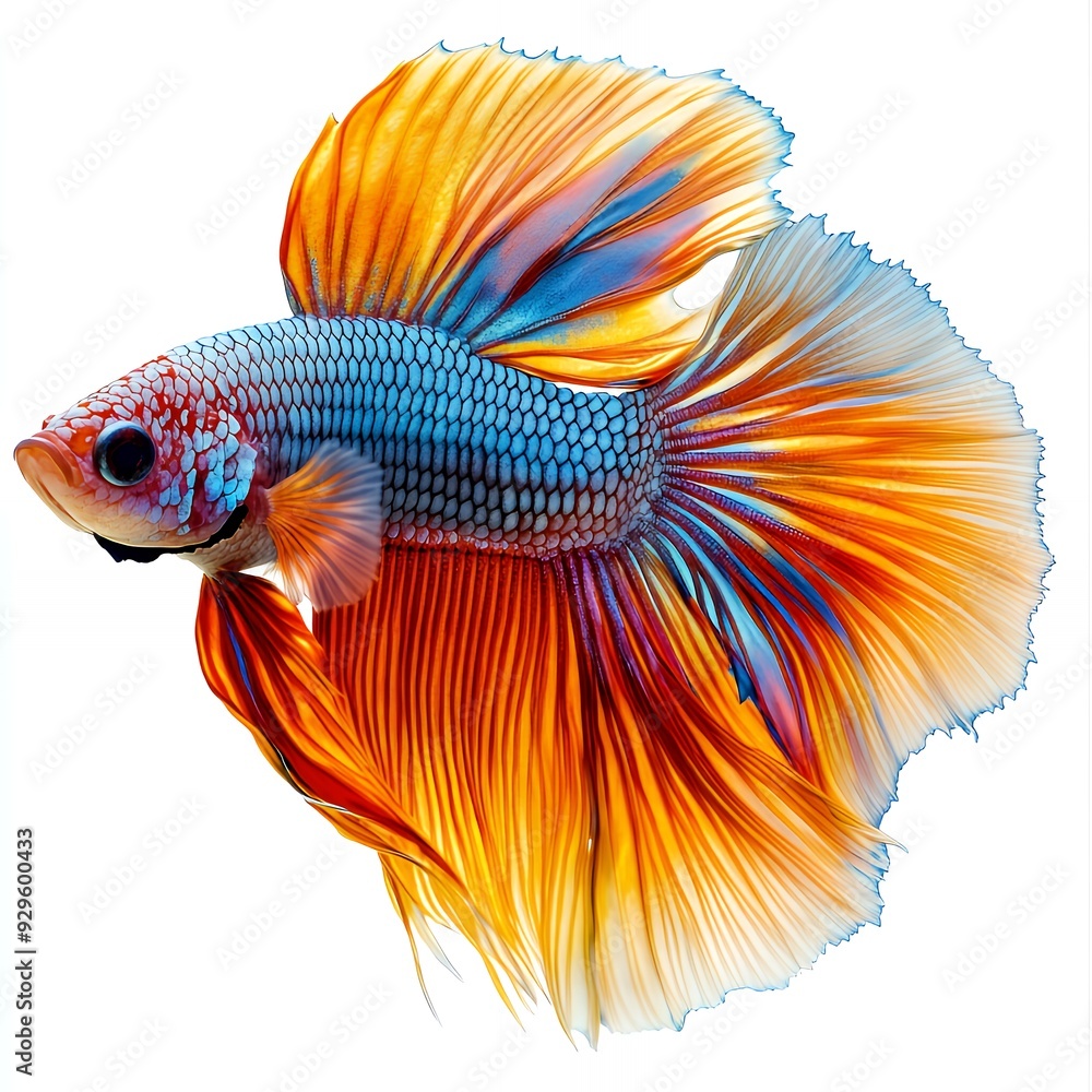 Fototapeta premium Vibrant Siamese fighting fish displaying brilliant blue scales and flowing orange and yellow fins, isolated on a clean white background.