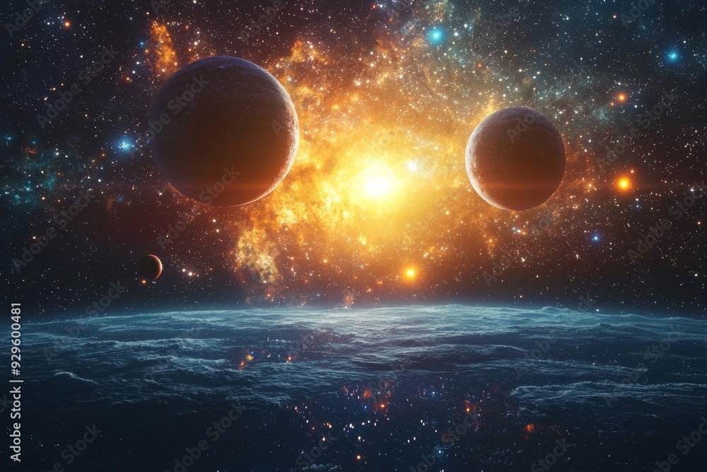 Obraz premium Space cosmic illustration with planets scene created with Generative AI
