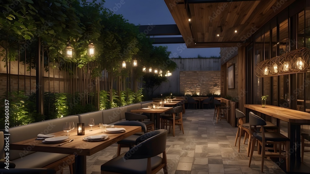 Fototapeta premium Exterior design of a modern restaurant with chairs and tables, full brown color dark theme, real estate restaurant outdoor setup exterior front design 
