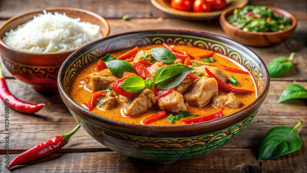 Vibrant red curry with tender chunks of beef, pork, or chicken, served in a ornate ceramic bowl, garnished with fresh Thai basil and steamed rice. Vibrant red curry with tender chunks of beef, pork, or chicken, served in a ornate ceramic bowl, garnished with fresh Thai basil and steamed rice.
