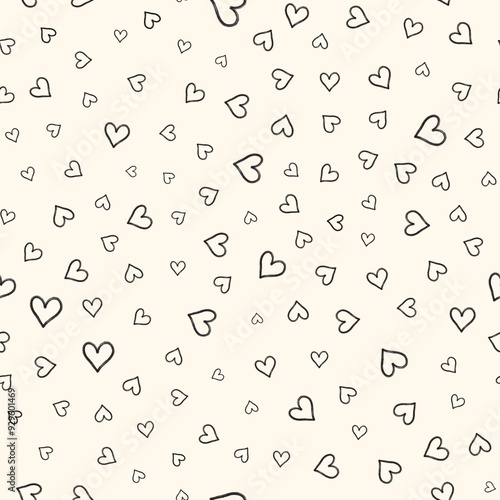 A lot of black and white hearts on a white background, minimalism, beige background, background image, kid, sketch black and white colors. valentine.