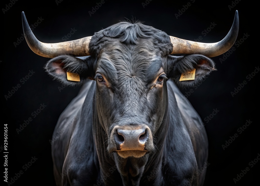 Majestic Black Camargue bull's close-up portrait, showcasing its distinctive muscular build, piercing eyes, and subtle wrinkles on a sleek black isolated background. Majestic Black Camargue bull's close-up portrait, showcasing its distinctive muscular build, piercing eyes, and subtle wrinkles on a sleek black isolated background.