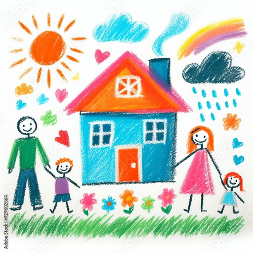 Colorful child drawing of a happy family of four with a house, sun, rainbow, and flowers. Ideal for family happiness and creativity concepts. photo