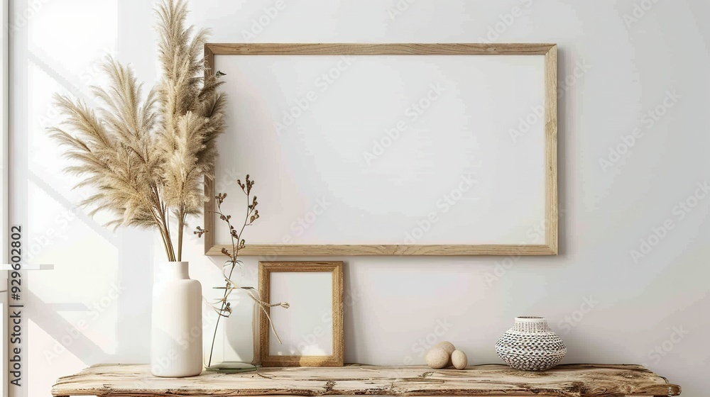 Wooden Tabletop Decor with Pampas Grass and Empty Frames Wooden Tabletop Decor with Pampas Grass and Empty Frames