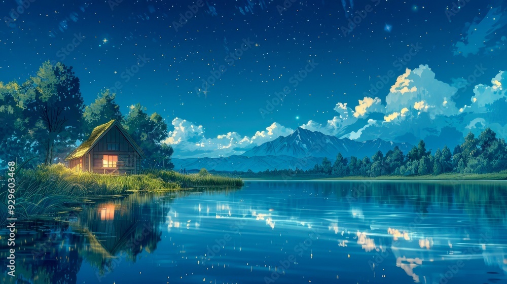 Fototapeta premium A Cozy Cabin by a Still Lake Under a Starry Sky