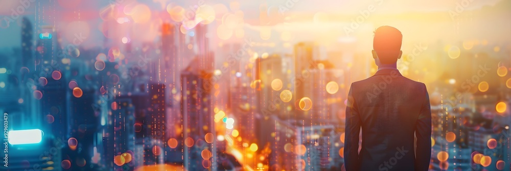 Unrecognizable business man letting see a blurry modern cityscape , successful businessman with financial hope for the future concept image Unrecognizable business man letting see a blurry modern cityscape , successful businessman with financial hope for the future concept image