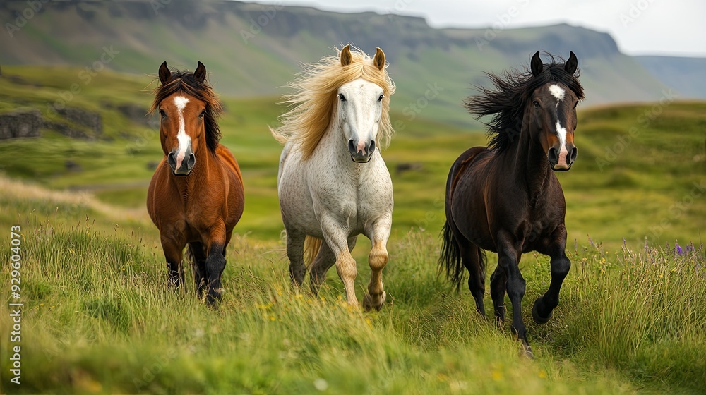 Majestic Icelandic Horses Grazing in a Picturesque Icelandic Landscape. Natural Beauty and Serenity concept Majestic Icelandic Horses Grazing in a Picturesque Icelandic Landscape. Natural Beauty and Serenity concept
