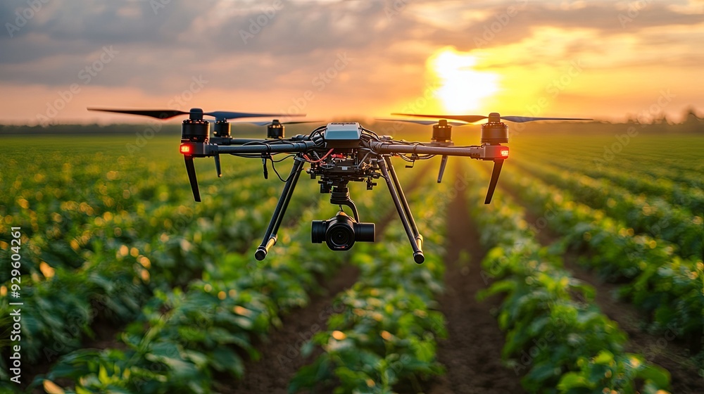 Futuristic Smart Agriculture Drone Technology. High altitude shot of a smart agriculture drone in flight... Futuristic Smart Agriculture Drone Technology. High altitude shot of a smart agriculture drone in flight...