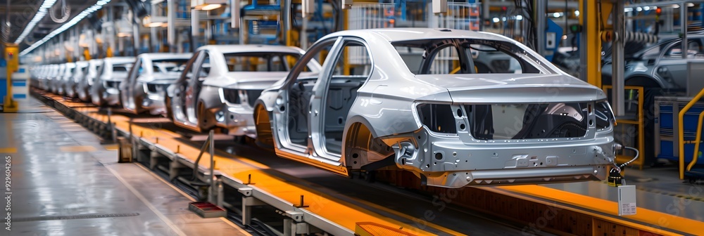 Mass production assembly line of modern cars in a busy factory Mass production assembly line of modern cars in a busy factory