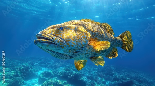 Giant Grouper Swimming Underwater with Sunlight Filtering Through Water, Focus on Scales and Body Shape, Clear Blue Background with Sunbeams, High-Resolution Photography photo