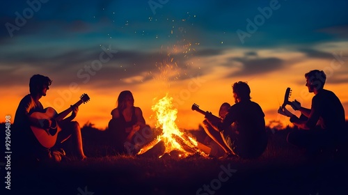 Silhouettes of people having fun around a bonfire photo