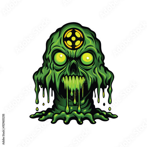 A dripping oozy monster made of toxic sludge with glowing yellow eyes and a biohazard symbol on its forehead.