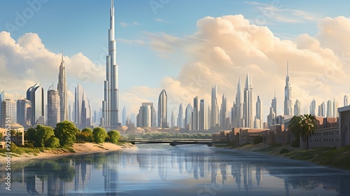 Wallpaper Mural A vibrant city skyline featuring modern skyscrapers along a riverbank under a blue sky. Torontodigital.ca