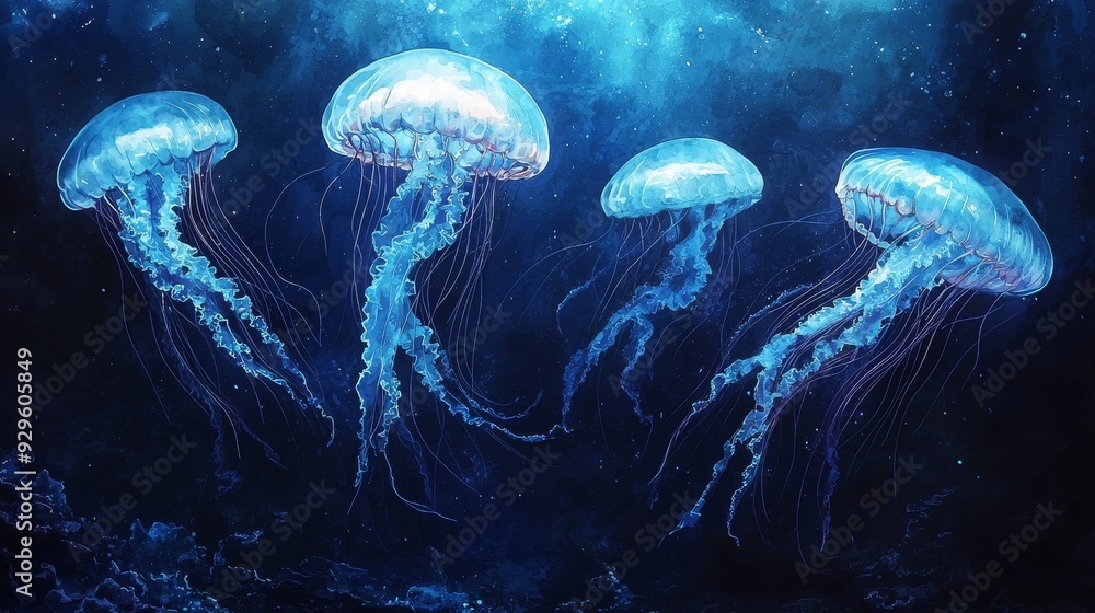 Watercolor jellyfish floating peacefully in deep ocean water, with delicate, flowing tentacles. Watercolor jellyfish floating peacefully in deep ocean water, with delicate, flowing tentacles.