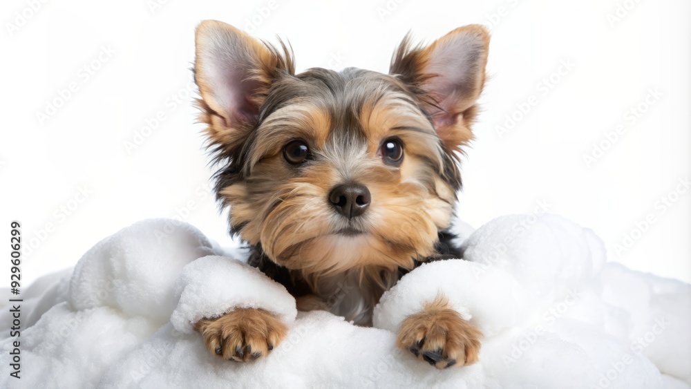 Adorable Yorkshire Terrier puppy surrounded by fluffy white bath foam, paws and nose peeking out, isolated on a clean white background, delightful pet illustration. Adorable Yorkshire Terrier puppy surrounded by fluffy white bath foam, paws and nose peeking out, isolated on a clean white background, delightful pet illustration.