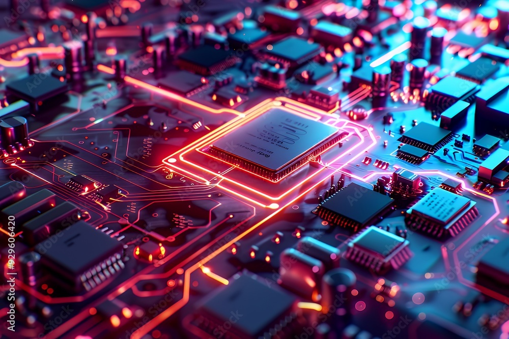 A vibrant close-up of a circuit board with glowing components and intricate connections. A vibrant close-up of a circuit board with glowing components and intricate connections.