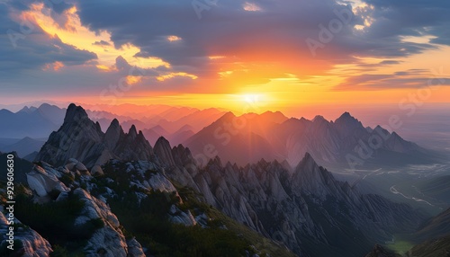 The beautiful scene of Helan Mountain in the sunset, and the mountain peak is illuminated by warm sunshine. photo