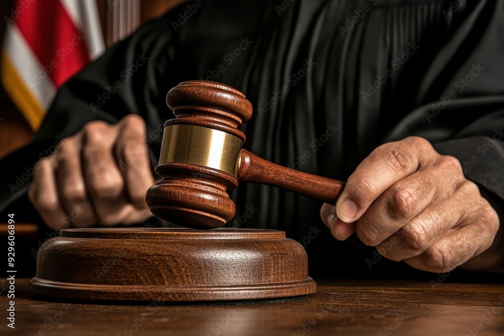 Close-up of a judge's gavel being raised to strike, with copy space. Bright, focused lighting. Formal courtroom background with legal books Close-up of a judge's gavel being raised to strike, with copy space. Bright, focused lighting. Formal courtroom background with legal books