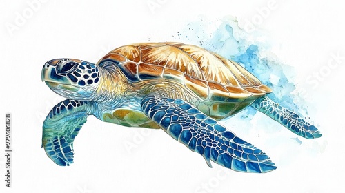 Watercolor sea turtle gracefully swimming through clear blue water, with smooth, fluid lines.
