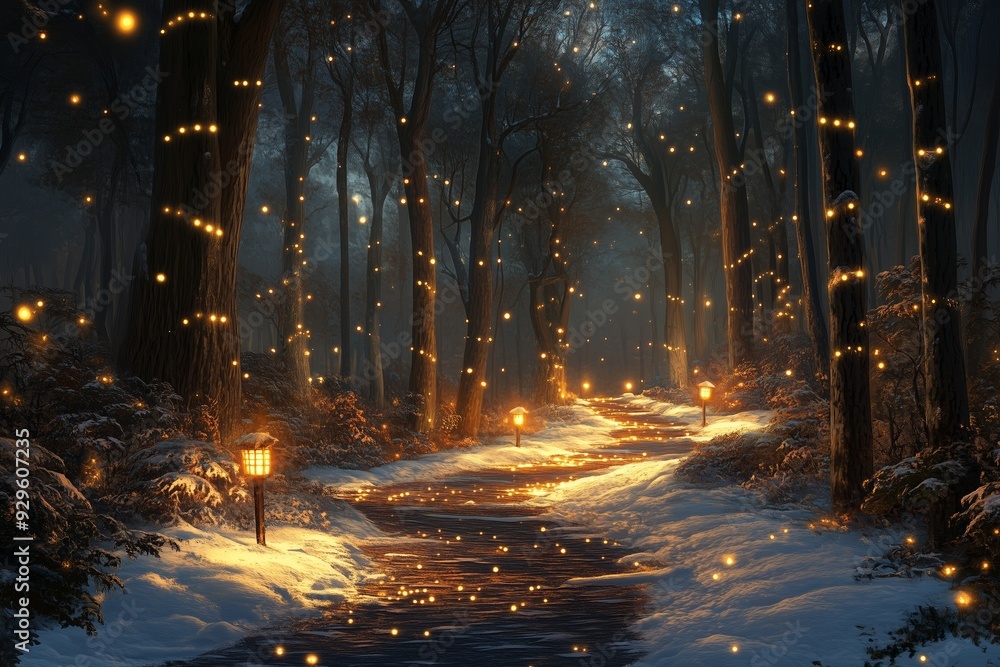 A magical, snow-covered forest path illuminated by warm, glowing lanterns and shimmering lights resembling fireflies. A magical, snow-covered forest path illuminated by warm, glowing lanterns and shimmering lights resembling fireflies.