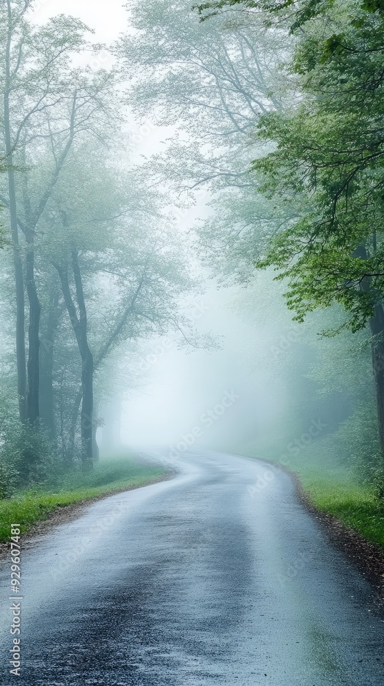 Naklejka premium A serene winding road shrouded in fog, surrounded by lush greenery, inviting exploration into the mysterious nature scenery.