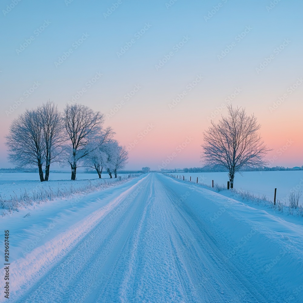 Obraz premium A serene winter landscape featuring a snow-covered road lined with bare trees under a pastel sky at dawn.