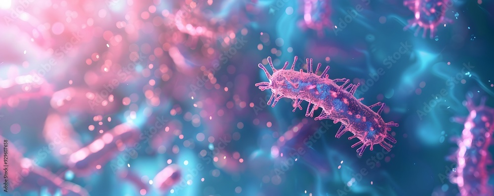 Pink and Blue Virus with Spikes in a Bokeh Background Pink and Blue Virus with Spikes in a Bokeh Background