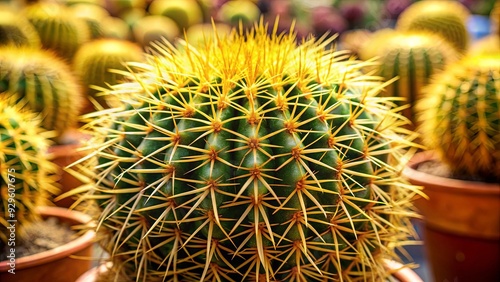 Close up of golden ball cactus with sharp spikes, perfect for home decor photo