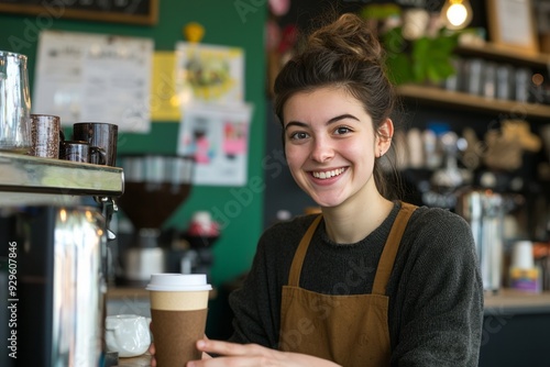 A student working a part-time job at a coffee shop, serving drinks to customers with a friendly smile
