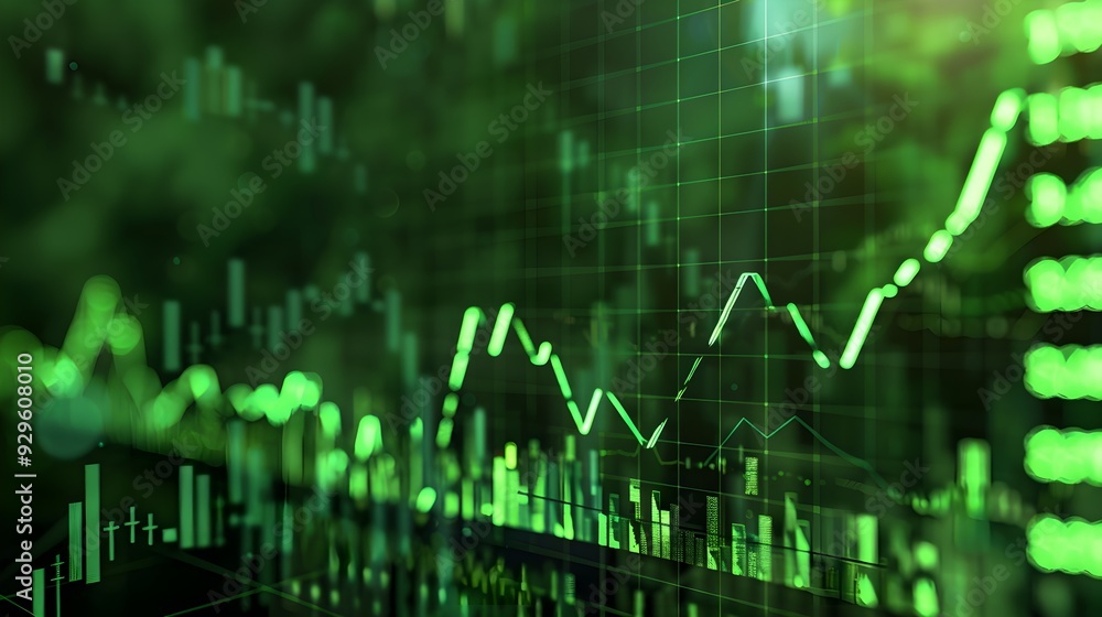 Bar charts with green color going up and down for positive Eco-investing stock market or green investment banking charts Bar charts with green color going up and down for positive Eco-investing stock market or green investment banking charts