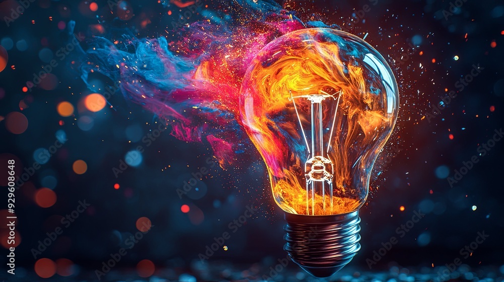 Illuminating Creativity. Artistic explosion of a light bulb with vivid colors Illuminating Creativity. Artistic explosion of a light bulb with vivid colors