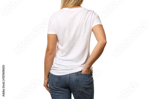 PNG,A young woman in a white T-shirt, isolated on white background