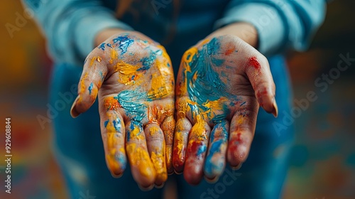 Expressive Hand-painted Beauty. Artistic close-up of a woman's hands expressing creativity 1 photo