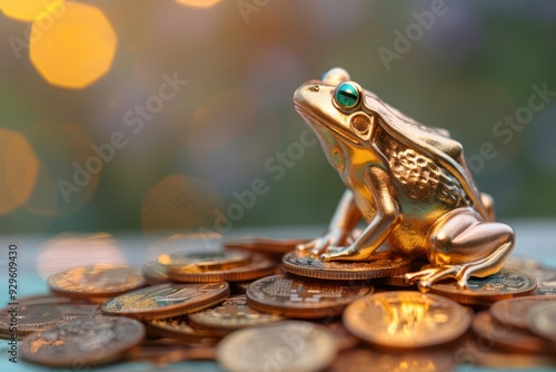 Golden Frog Perched on a Pile of Coins photo